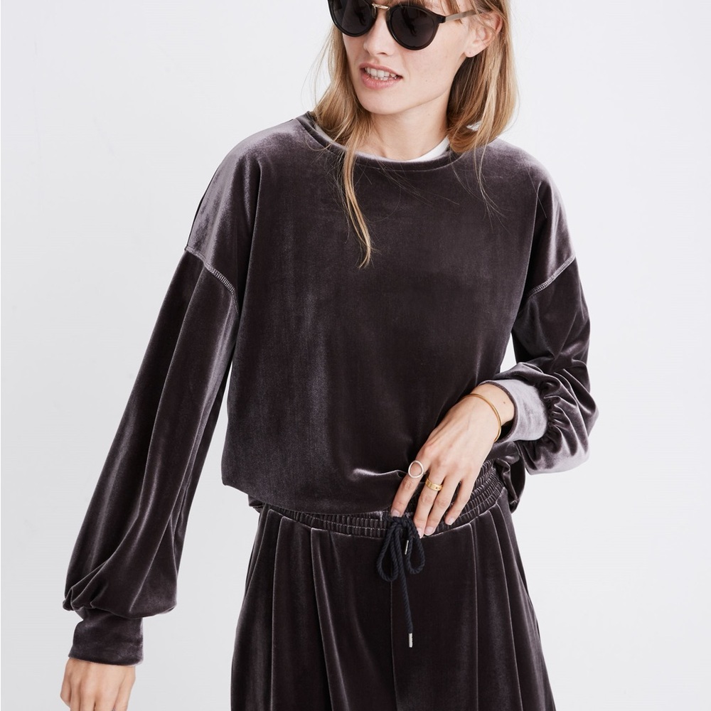 Madewell Velvet Balloon Sleeve Crewneck Sweatshirt
